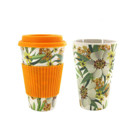Biodegradable bamboo reusable coffee cup with lid and silicone insulation cover with an image.