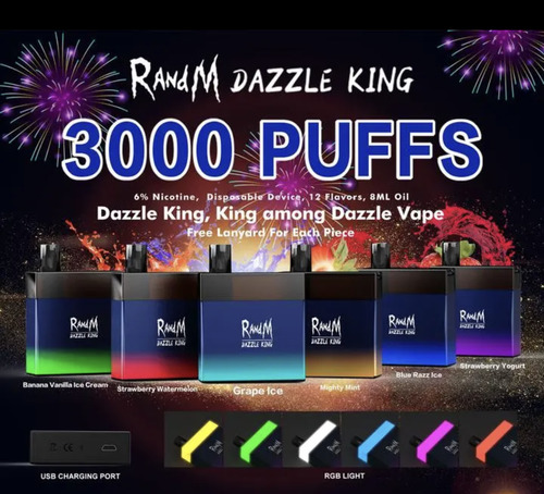 Disposable R and M Dazzle King, 3000 Puff, 1000mAh, 8 ml, 6% salt nic. (Rechargeable, RGB), Plain version.